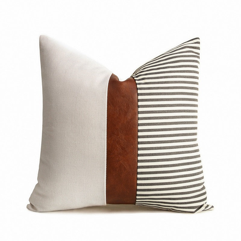PU Leather Stitching Canvas Stripe Pillow Cover