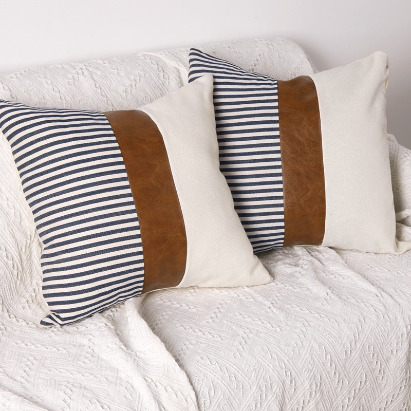PU Leather Stitching Canvas Stripe Pillow Cover
