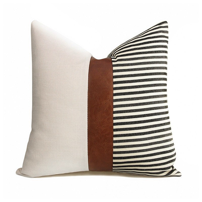 PU Leather Stitching Canvas Stripe Pillow Cover