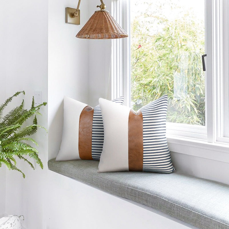 PU Leather Stitching Canvas Stripe Pillow Cover