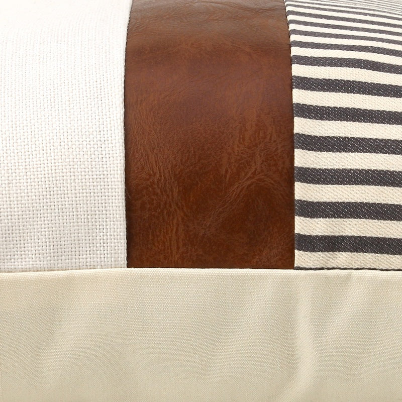 PU Leather Stitching Canvas Stripe Pillow Cover