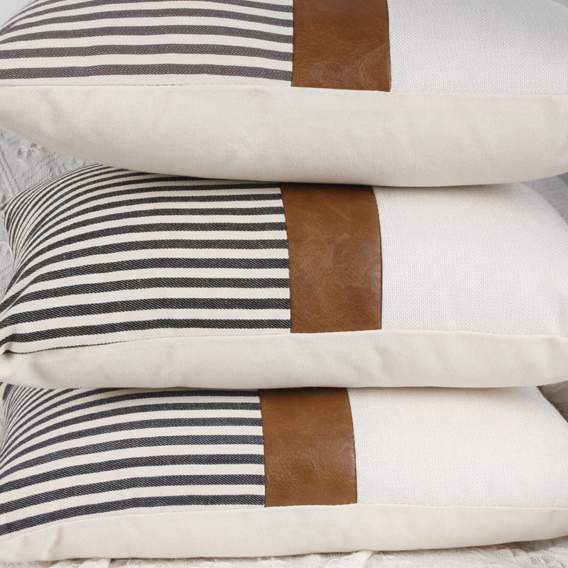 PU Leather Stitching Canvas Stripe Pillow Cover